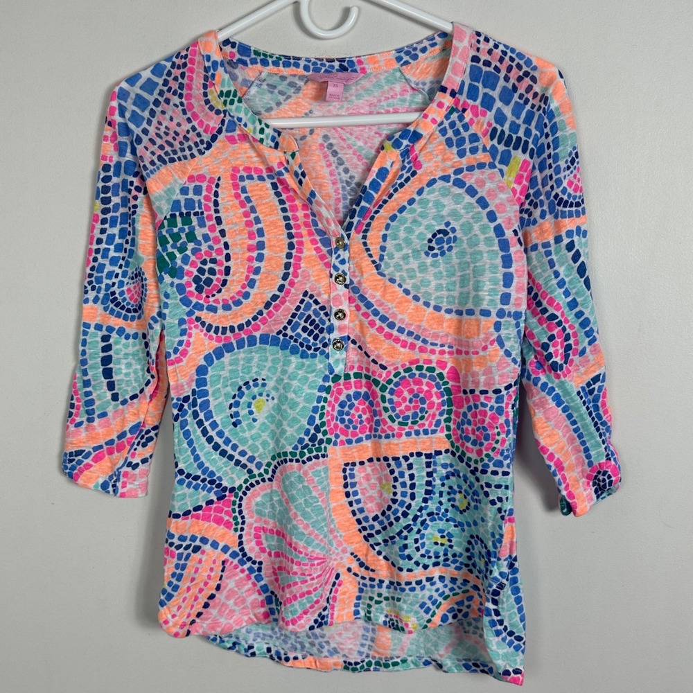 Lilly‎ Pulitzer 100% Linen Henley Top Womens Size XS Tile Wave Print Sirens Knit